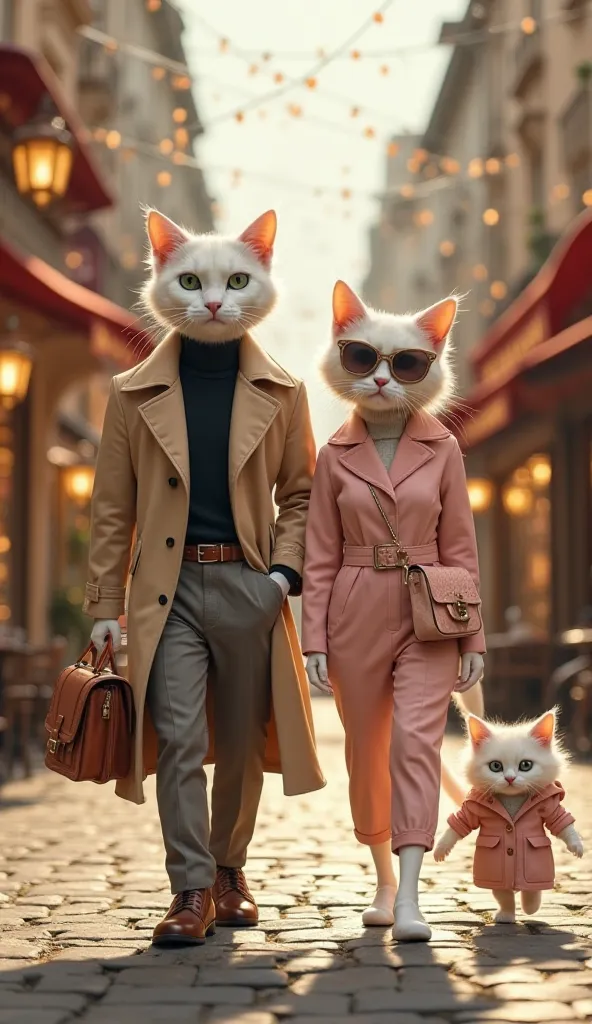 "A fashionable family of three anthropomorphic white cats with big green eyes, walking through a stunning European-style cobblestone street lined with luxury boutiques and stylish cafes. The father cat wears a beige trench coat over a black turtleneck, pai...