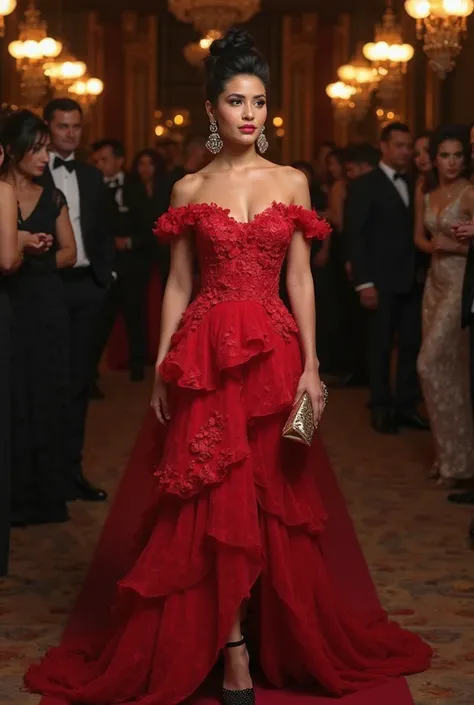 A woman of Arab descent with black hair wearing a red off-the-shoulder dress featuring floral lace details on the skirt and a plain bust area, with layered ruffles. Paired with black high heels, statement earrings, and a golden clutch. The scene is set at ...