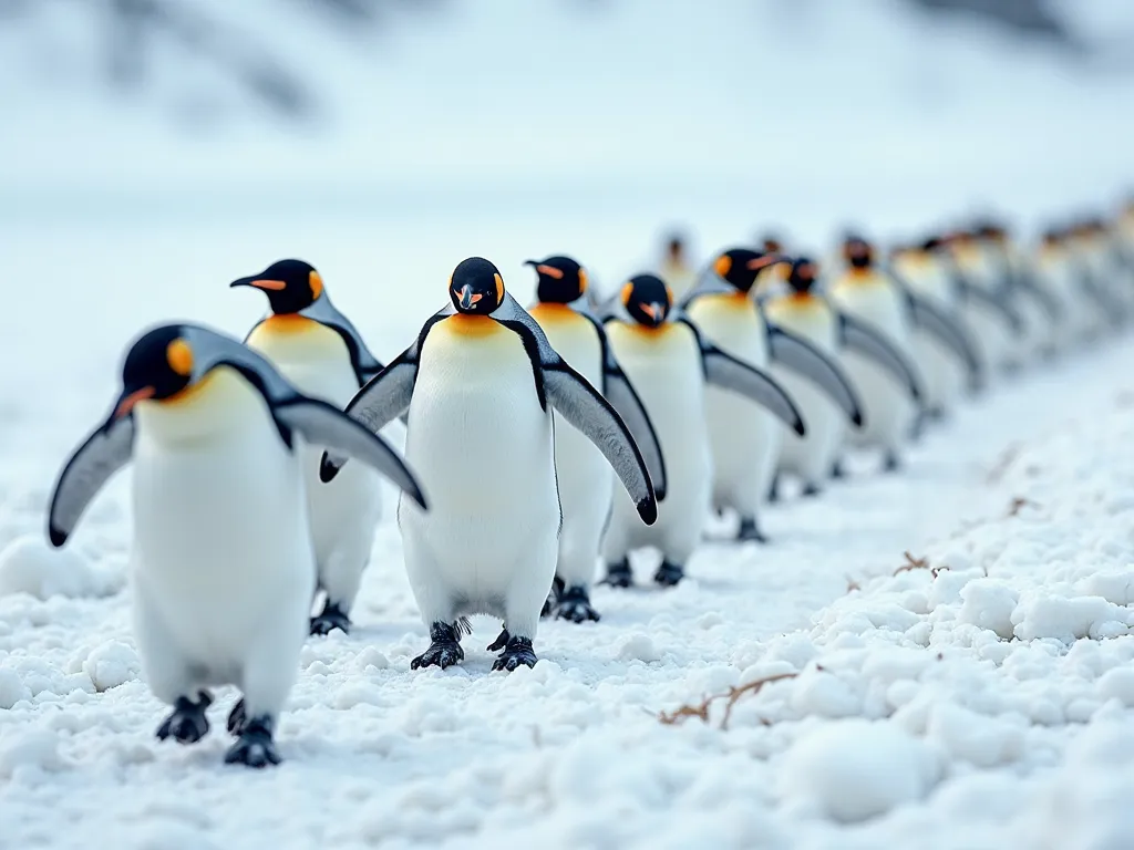 A group of Adélie penguins waddling in unison across the icy terrain, their synchronized steps creating a sense of teamwork and unity. 