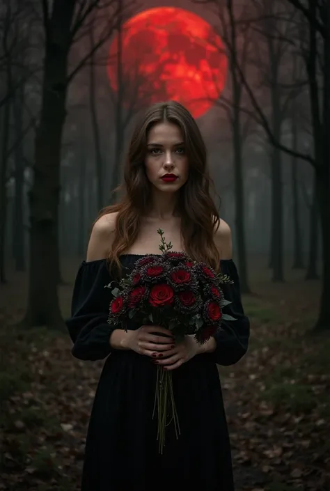 Create an image of a dark, mysterious forest at night with a black sky. A blood-red moon shines ominously, casting an eerie glow over the scene. In the center stands a breathtakingly beautiful young woman with long, wavy brown hair. She wears a black, shou...