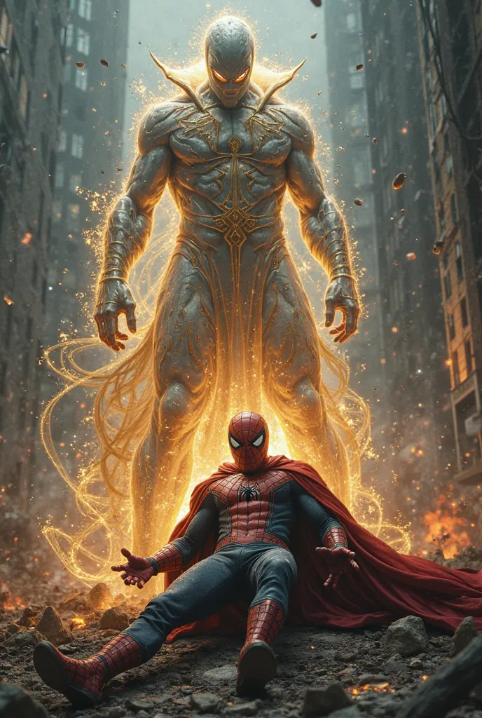 As Spider-Man lies broken and defeated beneath Venom’s towering form, a sudden eerie glow fills the battlefield. The air crackles with mystic energy, and from the shadows of the ruined city, a spectral figure emerges—Doctor Strange, now a ghostly sorcerer ...