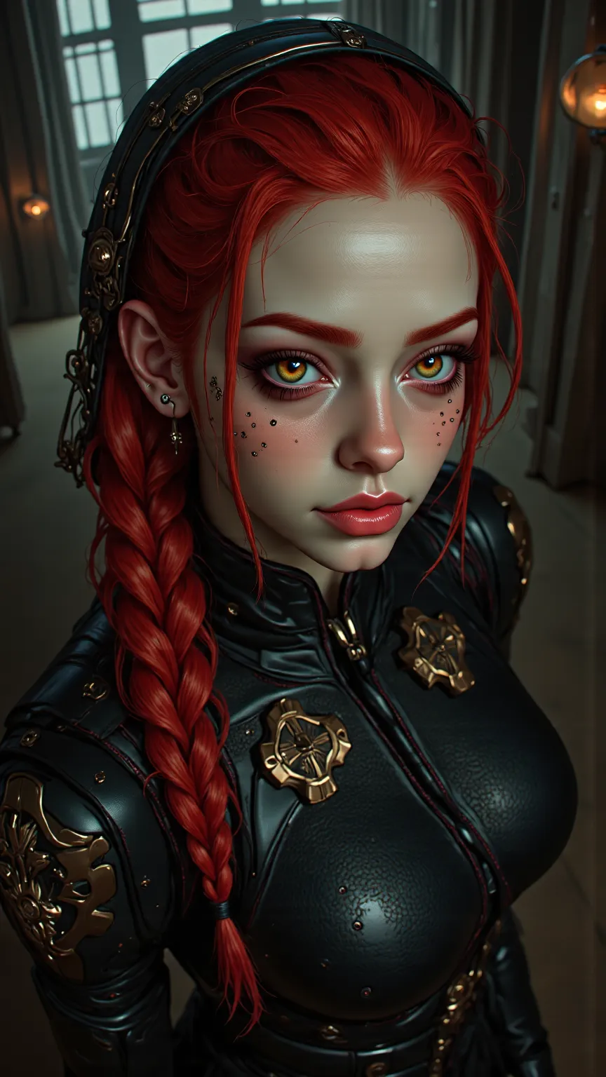 Perfect face，woman，25 years old，vampire，Wicked Eye，tattoo，Golden Eyes，arrogant，Shiny Red Hair，Nail polish，Work Clothes，Overlooking，Walk，dream， lightning method ， HD ，High Detail，32k Split Rate，Movie Rendering，High Definition HD,，panoramic，From top to botto...