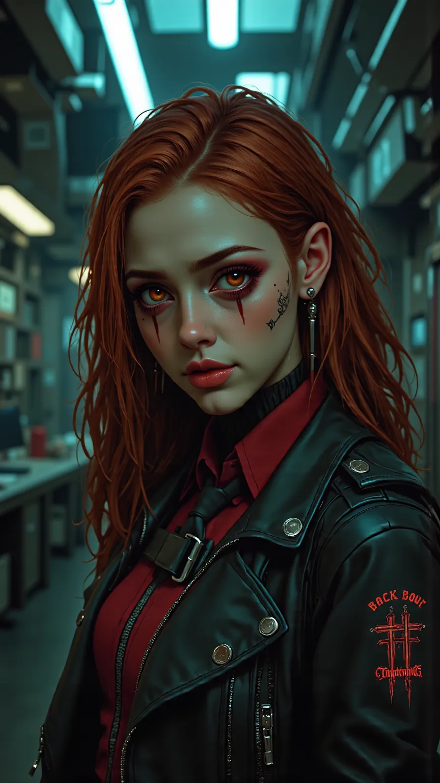 Perfect face，woman，25 years old，vampire，Wicked Eye，tattoo，Golden Eyes，arrogant，Shiny Red Hair，Nail polish，Work Clothes，Overlooking，Walk，dream， lightning method ， HD ，High Detail，32k Split Rate，Movie Rendering，High Definition HD,，panoramic，From top to botto...