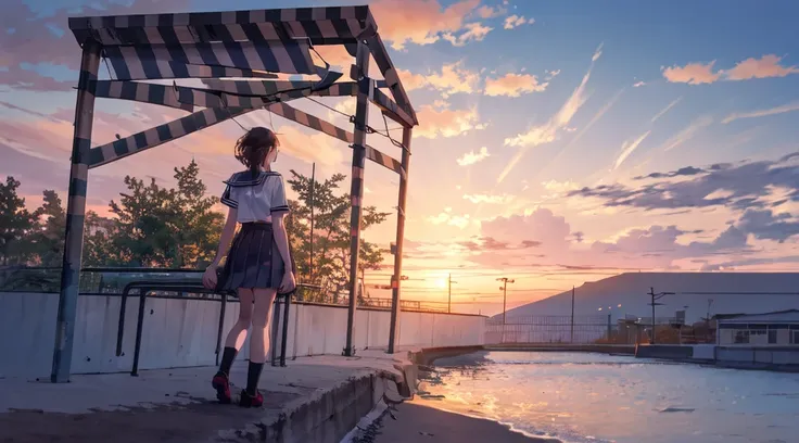 -Bruce, One Girl, alone, Outdoors, cloud, null, skirt, , shoes下,  Scenery, white shoes下,  sign, shoes, standing, Seraphim, Knee-length, from behind,  shirt, cloudy null, sailor color, wide shot, sunset, white  shirt, black skirt,  black hair, pleated skirt...