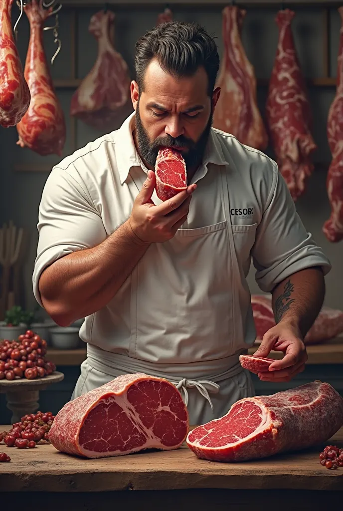 Butcher's logo with Julio Cesar eating meat 