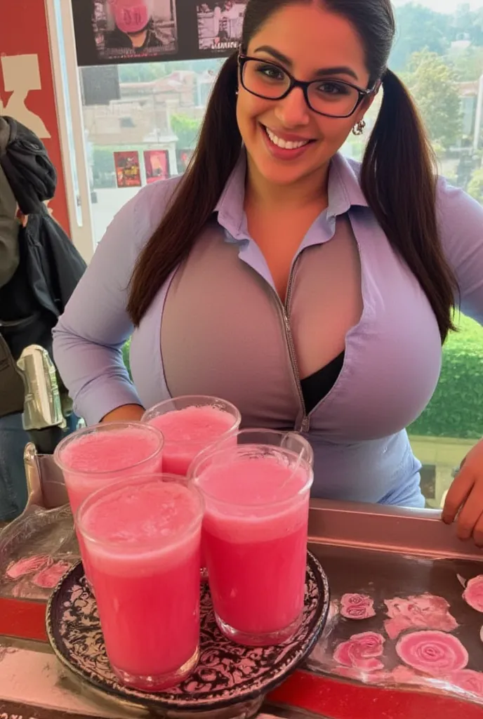 Photo of a gorgeous bimbo running a drink stand with a sign that says "Bimbo juice". On the table is a sample tray with little shot glasses filled with pink drink. She is wearing glasses.. Gorgeous woman with a nice body and big natural breasts. She is sta...