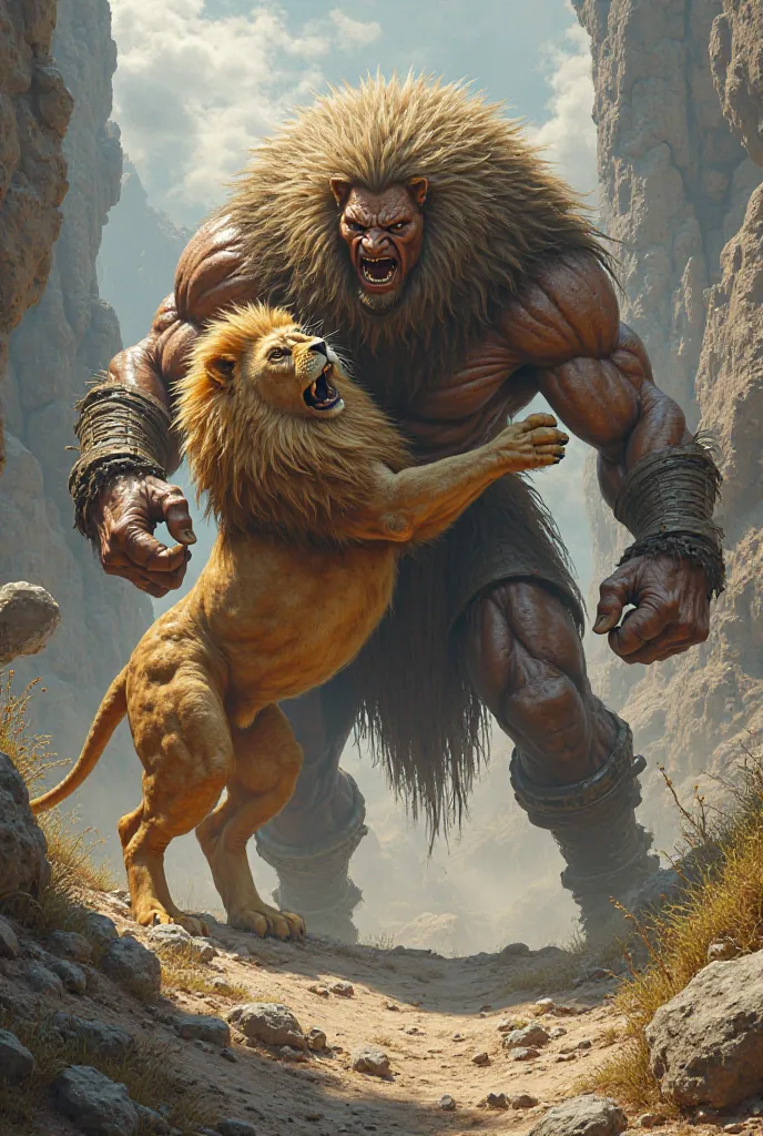 Goliath and lion fighting