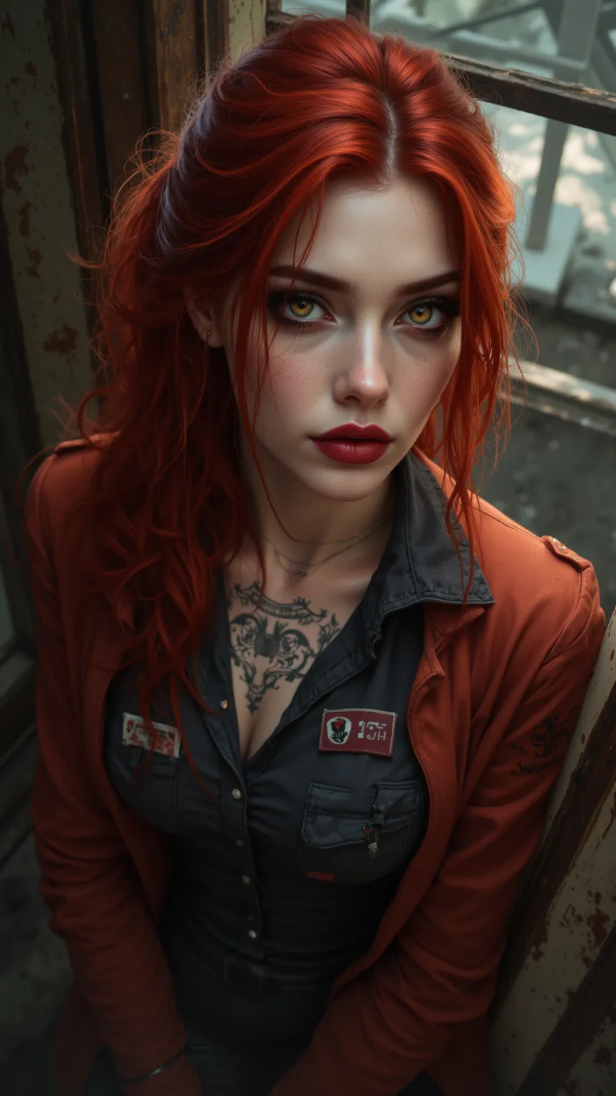 Perfect face，woman，25 years old，vampire，Wicked Eye，tattoo，Golden Eyes，arrogant，Shiny Red Hair，Nail polish，Work Clothes，Overlooking，Walk，dream， lightning method ， HD ，High Detail，32k Split Rate，Movie Rendering，High Definition HD,，panoramic，From top to botto...