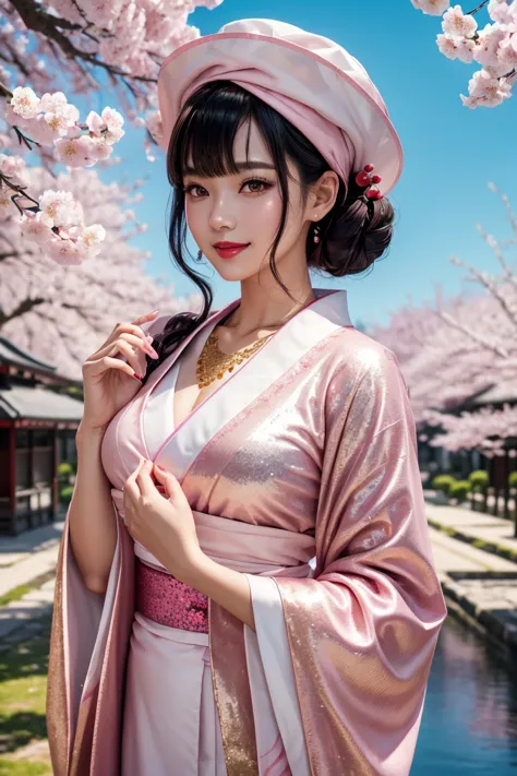  beautiful black hair ,shortcut,Aligned bangs,Bright red lips,Pink Eyes,white skin,Beautiful Japanese clothing,smile,super high quality,Ultra High Quality,masterpiece,dslr,photorealistic, Detailed Details,Vivid details,is drawn in detail,detailed face, Det...