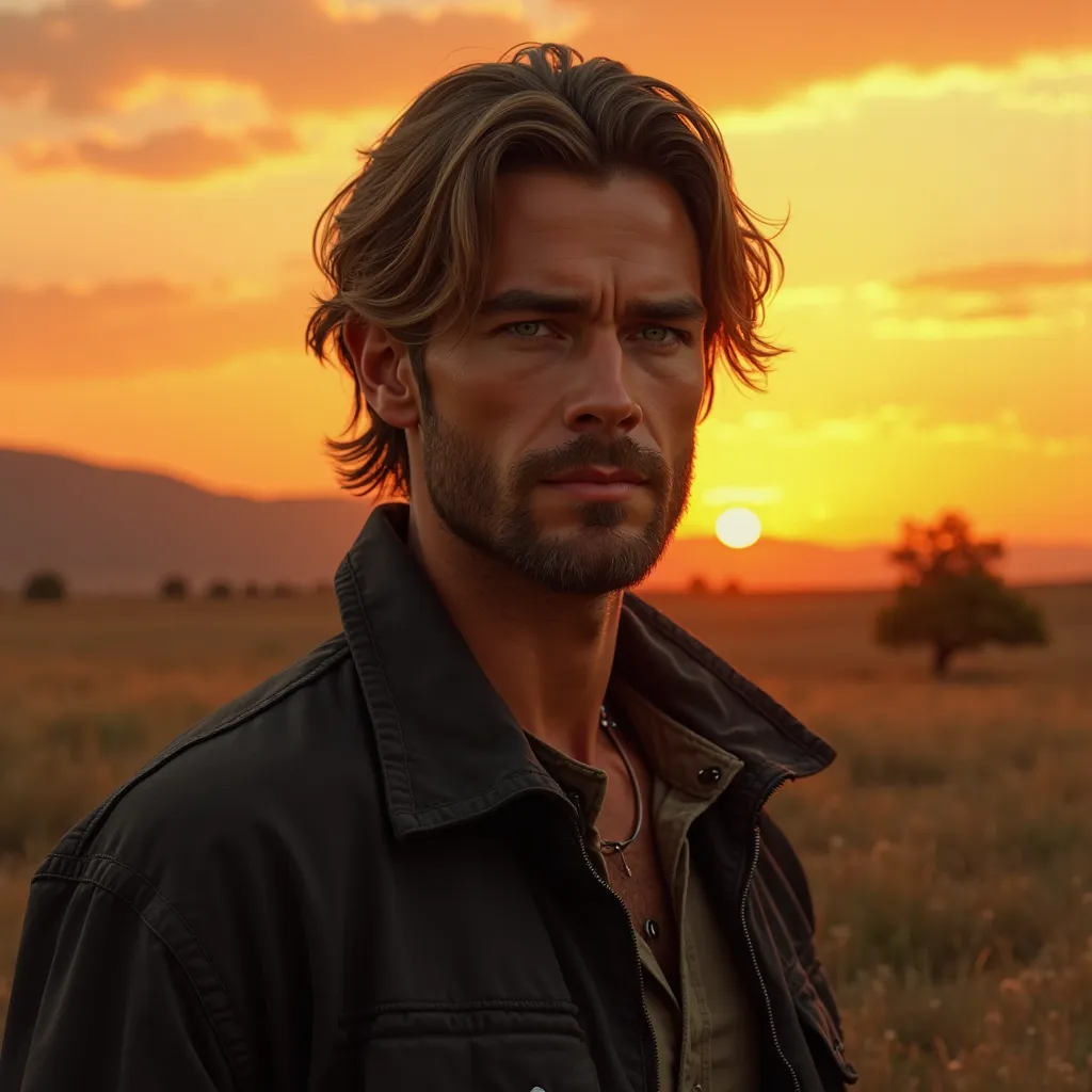 Young man, Caucasian skin, with little beard on the face, medium hair, greeneyes, Black jacke, sunset in texas united states 