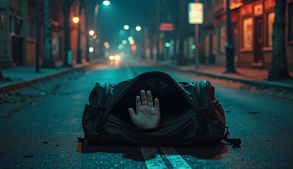 A dark city street at night with dim streetlights and a neon glow reflecting off the wet pavement. In the center of the frame, an open sports bag (hockey-style duffel bag) lies on the ground, revealing a pale, lifeless female hand emerging from the shadows...