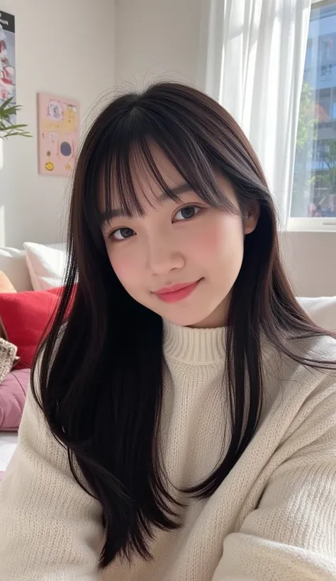  an amateur took an Instagram selfie . Woman wearing a sweater surrounded by cushions in a bright student room,  without makeup, mischievous smile. She has long, straight, black hair with bangs, Her white skin is prominent