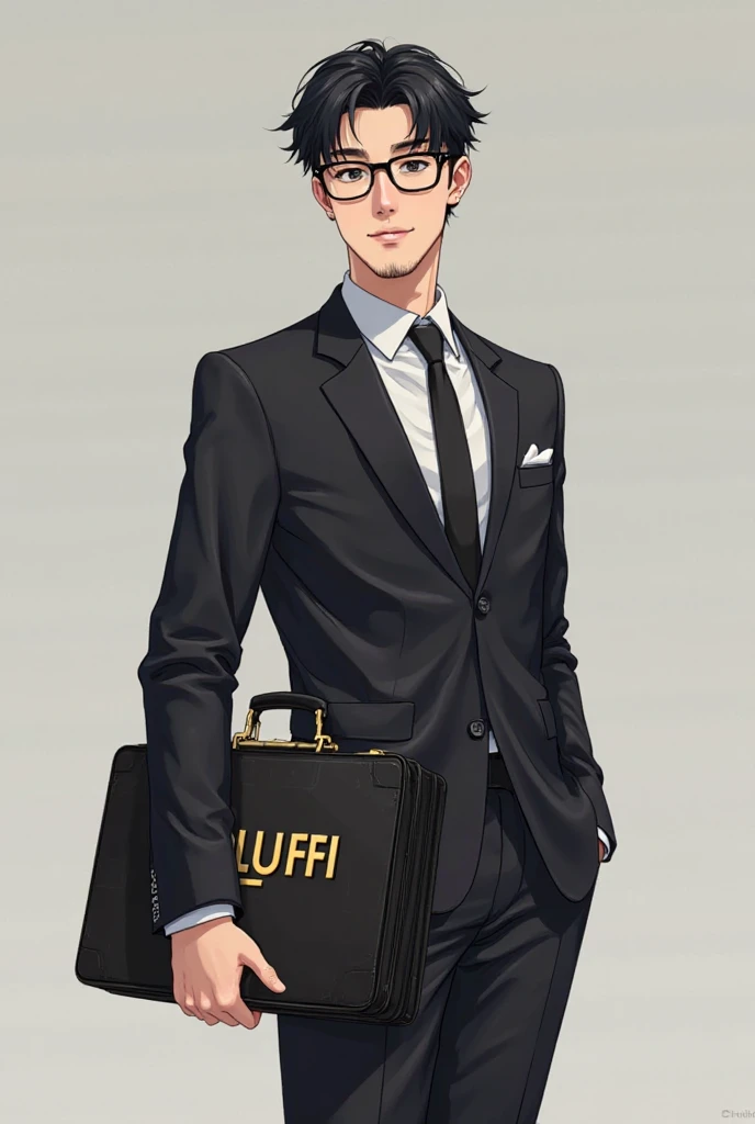 Generate me an image of a young man, full body, anime mode, black hair, with glasses, beard, with a black briefcase that has gold letters saying MDLuFFi, dressed in a black suit