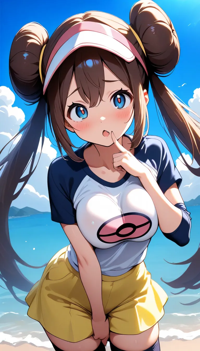 1girl, nsfw, 12yo, slender waist, oily skin, medium large breasts, breast press, tented clothes, Waist line, zettai ryouiki, rosa, pokemon, dark brown hair, long twintails with sidelocks, double bun topknot, sun visor, collarbone, elbow sleeve, white shirt...