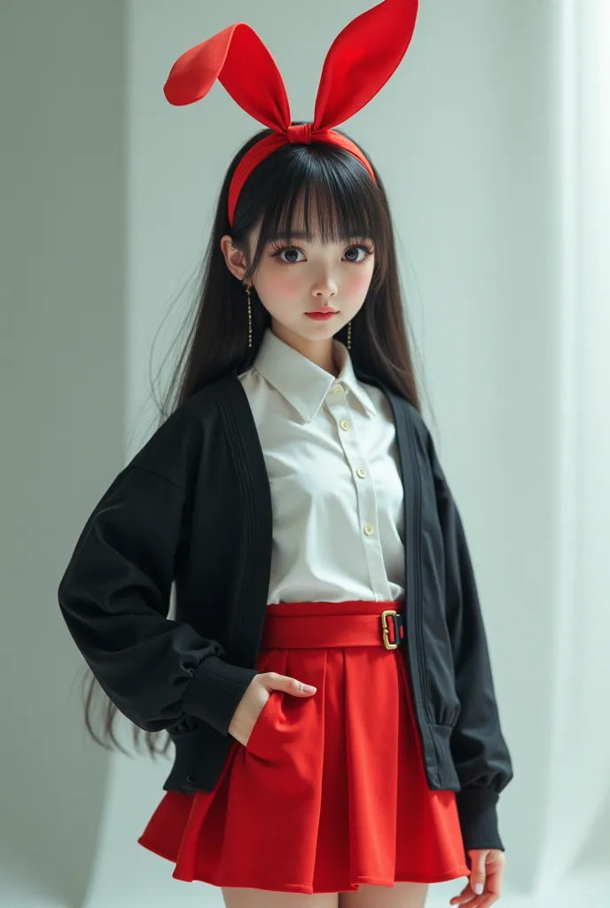 The petite young woman tied a red rabbit ear ribbon about 5 centimeters high, wearing a white shirt and a black jacket, wearing a red miniskirt. She was a cool, floaty looking person.