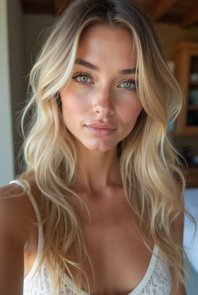 Realistic Photo [a woman], [24 years old,] [green eyes], [straight and blonde hair], [beautiful and sensual body, with sensual pose, full body], She is natural and ultra realistic, She is Photogenic and model, She is taking a selfie, photo for instagram po...