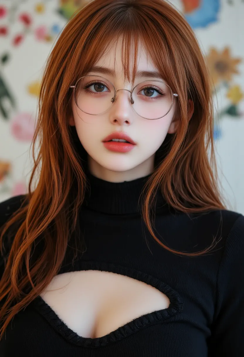 8k, masterpiece, highest quality, Beautiful Women, Close-up, Red hair, pale skin, orange-red lips, large eyes, round glasses, ((medium breasts, breasts apart, (erect nipples, covered nipples:0.7), sultry bombshell)), black turtleneck knit sweater that fits...