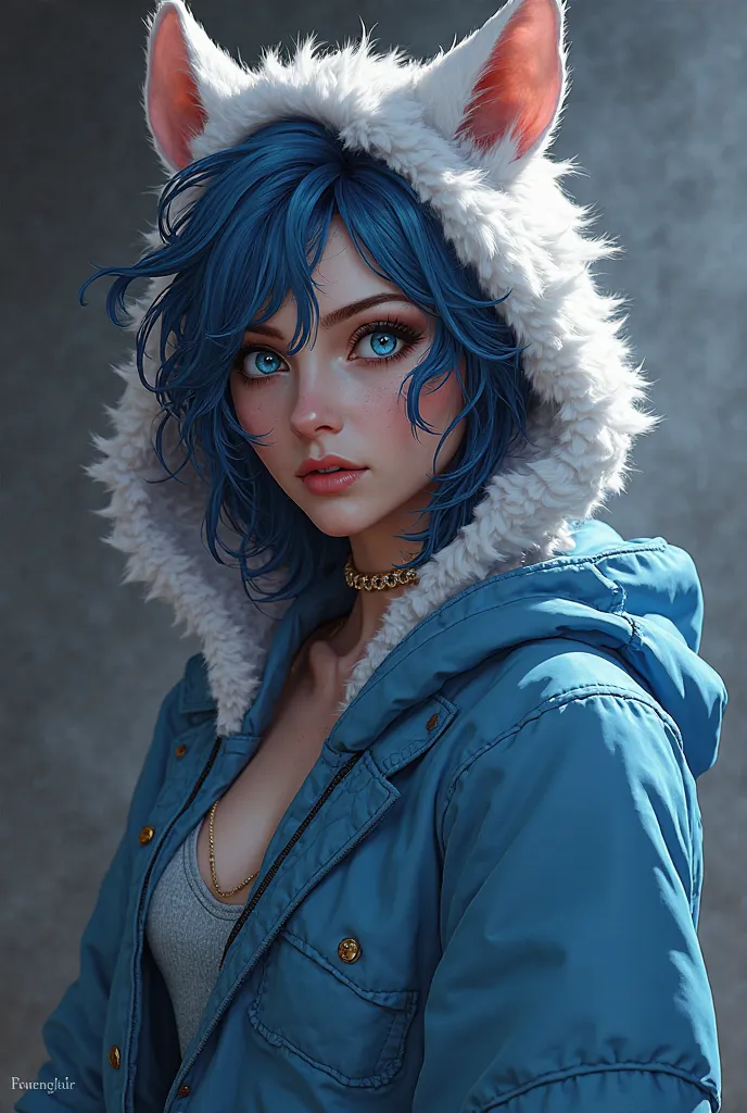 Anthropomorphic Loba, blue eyes, unruly hair, blue pajamas, white fur 