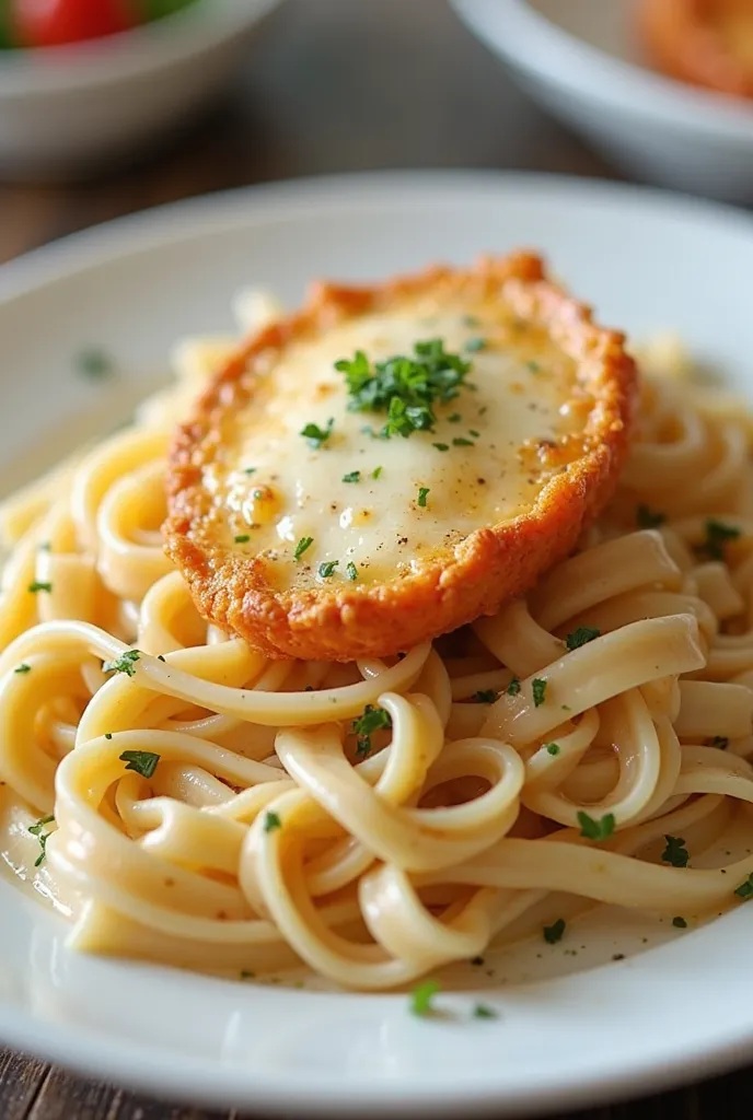 Cream pasta topped with a slice of cheese