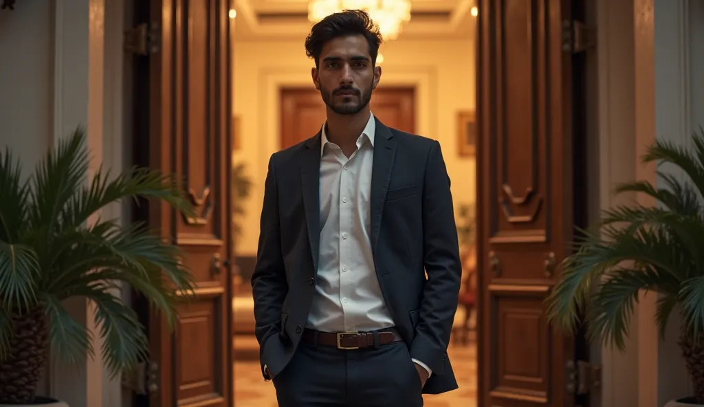 a 21 year old pakistani boy is standing in front of an open door of posh a house, about to go in. show front side image and close up.