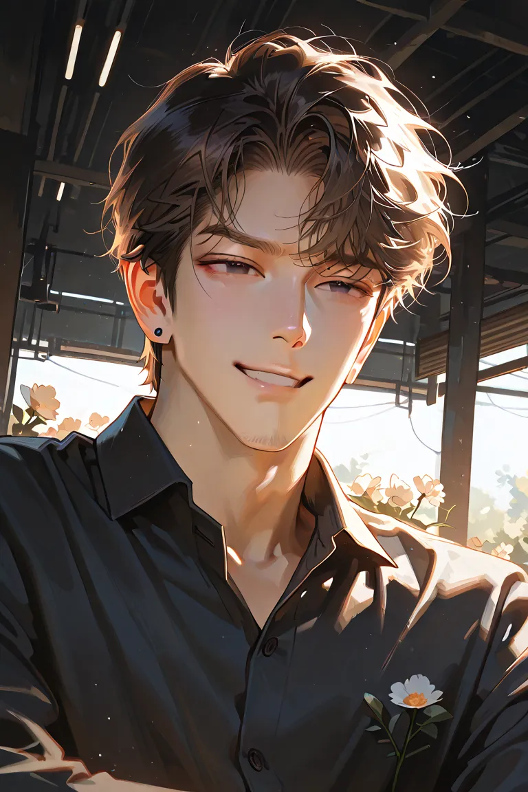 Handsome man, mature man, 1 man, handsome man, dark brown hair, light brown highlights, messy hair, male focus, focus, collared shirt, dark black eyes, displeased expression , lying, technological background, dark background, black earrings, high details, ...