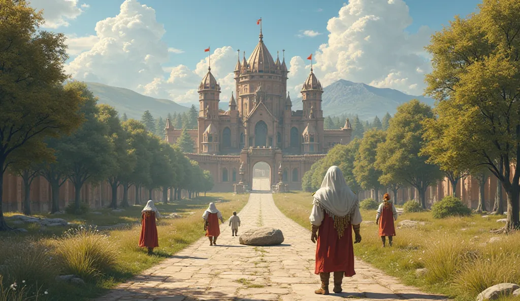 Setting: A majestic kingdom with a long road leading to the palace. It's a sunny day, and the kingdom is bustling with activity.

Action: The king, sitting in his royal chamber, orders his guards to place a huge stone right in the middle of the most travel...