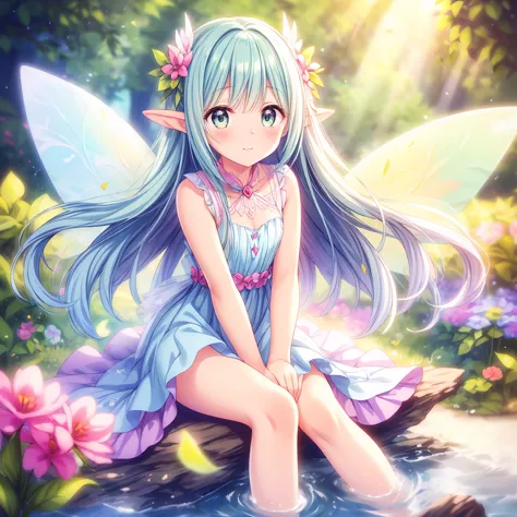 Two tiny fairies with delicate, translucent wings, sitting in a whimsical garden filled with colorful flowers, soft sunlight, and a dreamy atmosphere. The fairies are chibi-style, with expressive eyes and adorable features. They both sit with their legs st...