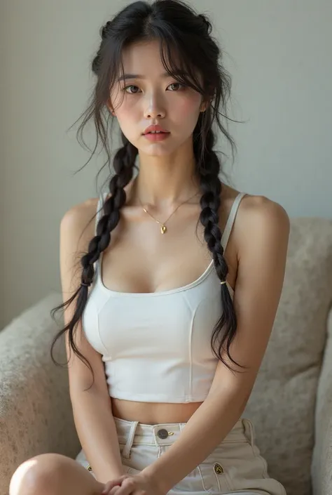 Foto 8K yang sangat realistis, asian korean girl, hair in breads, big breasts, wearing white tanktop, mini pants, sit