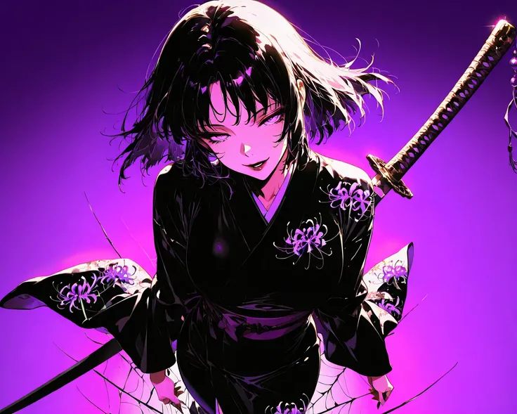 masterpiece, best quality, (masterpiece, best quality,  (detailed eyes), (detailed face), A katana, simple background, gradient background, Purple Background,
naughty smile, frizzy stomach、( detailed lighting), Rim Lighting, sharp concentration,black kimon...