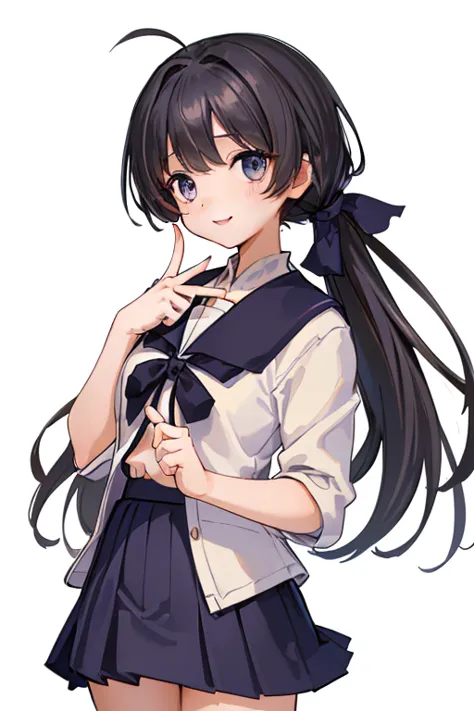 (​masterpiece、Top image quality、High Quality Score：1.3）、（Sharp image quality）、flawless beauty： 1.5、Dark-haired hair、（Japan school uniform）、a sailor suit、（Fluttering skirt）、Red hair ornament、a beauty girl、cute little、The best smile、(No background）、（Pure whi...