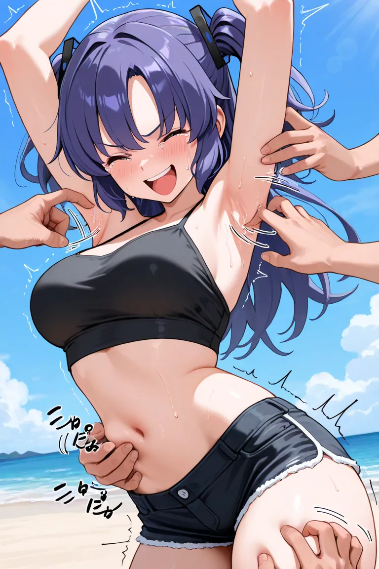  Hayase yuuka, hotpants,summer black outfit,tickle, tickle armpit,struggle, arms up, tied, tickling on armpits, hand, background beach, tickled hand , , angry, tickled on armpit, ticklish, laughing, tears, smooth armpit, detailed tickling hand, tummy tickl...