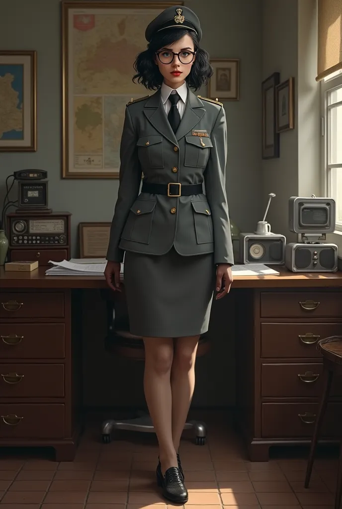 Ultrarrealistic. Ultradetailled. Full body photo. https://www.deviantart.com/madissnewbasto, how a german helferin, dressing gray uniform of jacket with  tie and white  blouse, gray  pencil skirt and  natural stockings, black half heeled cord shoes, gray s...