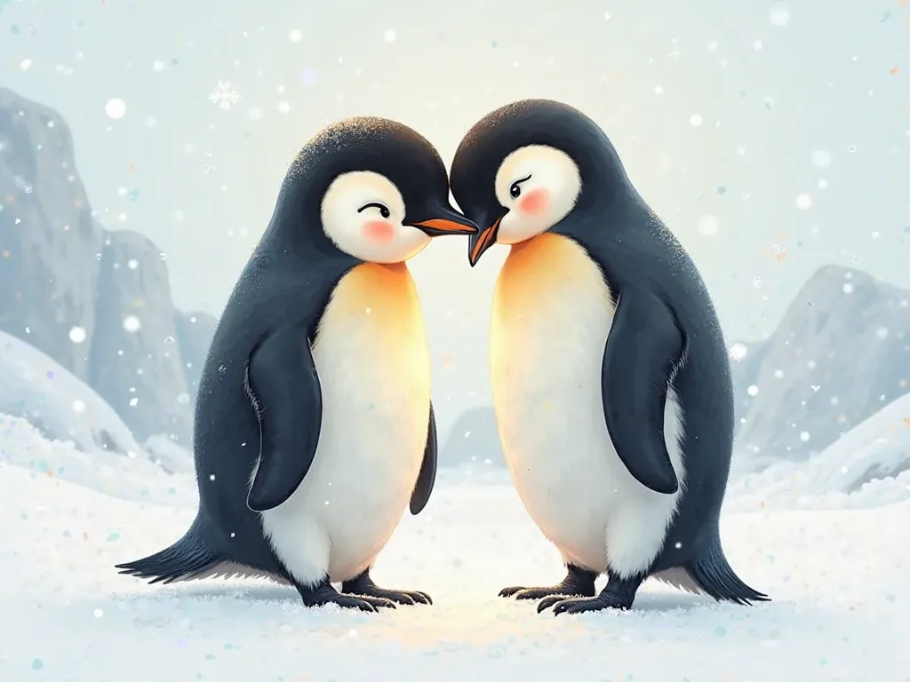 A loving penguin pair standing side by side, touching beaks gently in an affectionate moment. The snowy background highlights their deep bond.