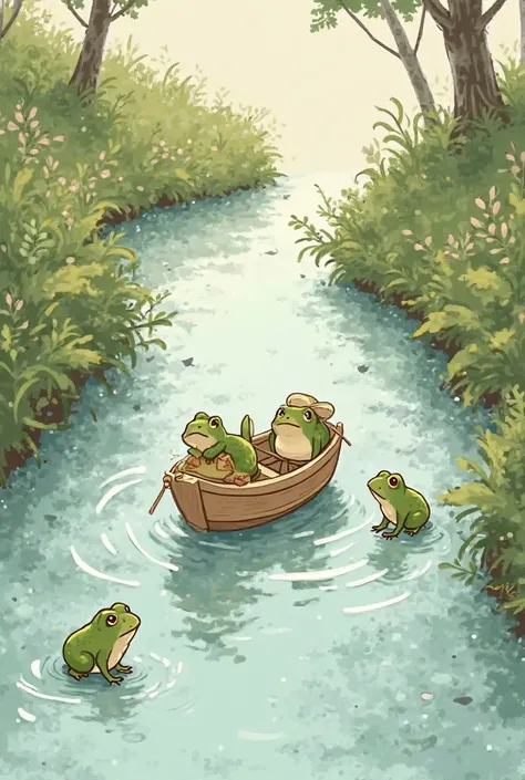 sketch-like image of stream with a toy boat on the water, and frogs around it