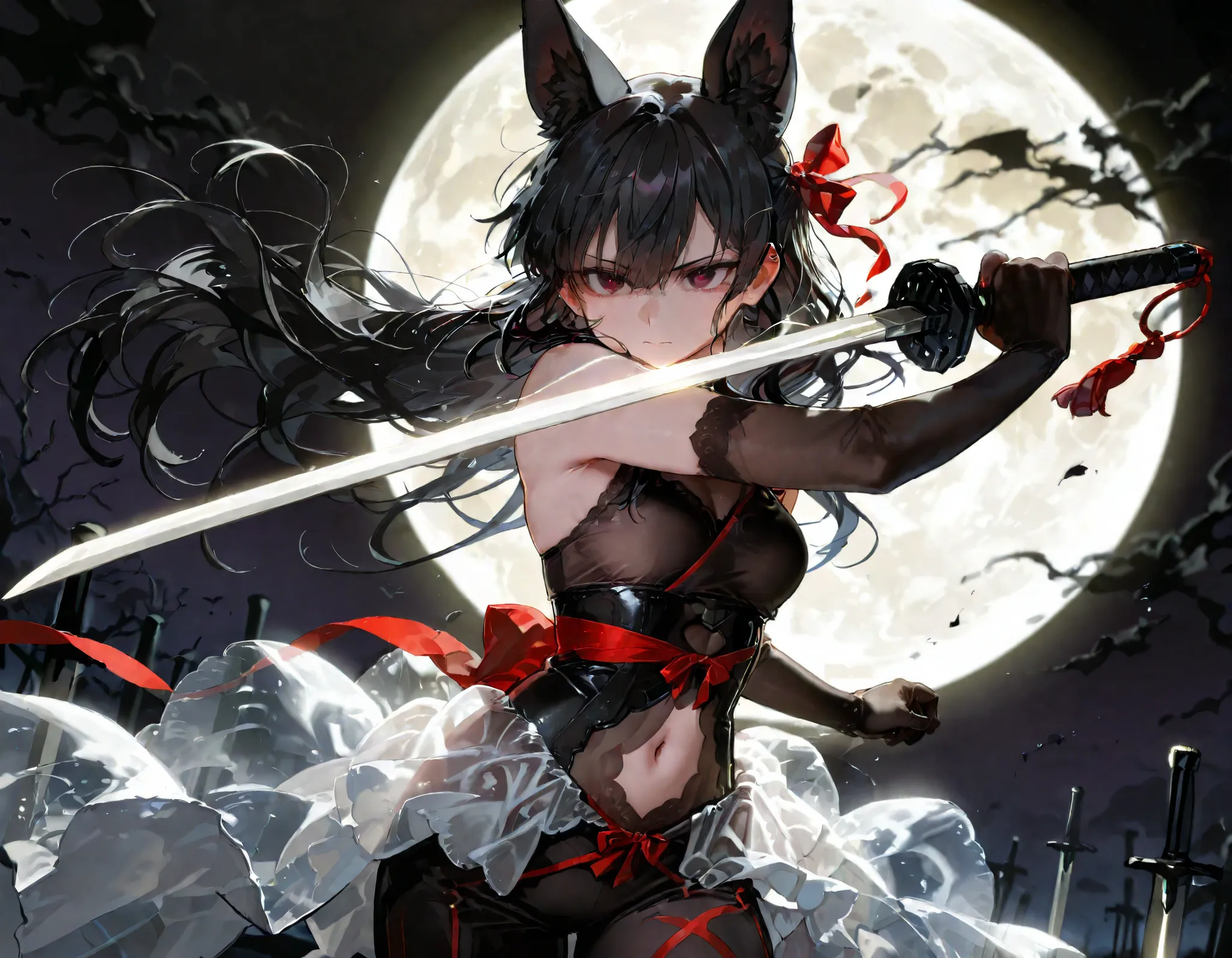  anime girl is holding a sword on a dark background under moon light, weapon, sword, 1girl, animal ears, black hair, long hair, extra ears, holding weapon, holding sword, holding, moon, ribbon, hair ribbon, navel,,,,See-through waist clothing, elbow gloves...