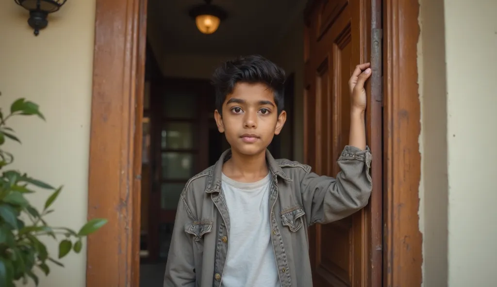 a 21 year old pakistani boy is standing in front of an open door of a nice house, about to go in. show front side image and close up.