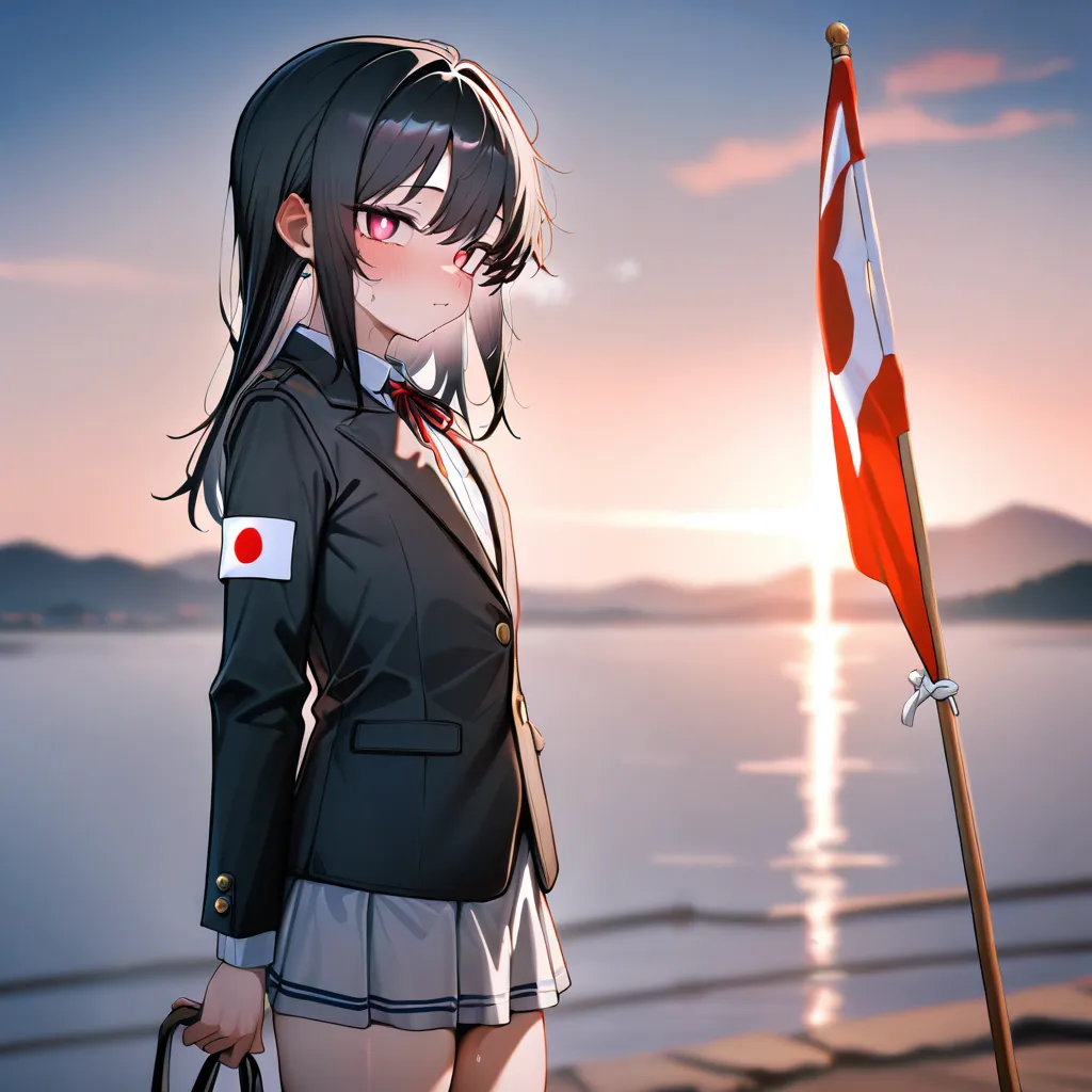 masterpiece, bestquality, amazing quality, very aesthetic, absurdres, newest, 
young japanese woman, beauty, pretty, right wing, holding japanese flag, patriotic, rising sun flag, miniskirt,
short black hair, Aartist:GONZO_K.K.