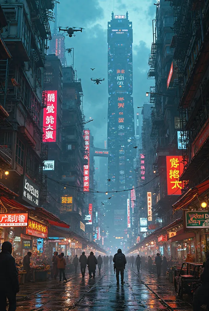 A dense, vibrant metropolis where neon skyscrapers cut through the dark, cloudy sky. The ground is wet from acid rain, reflecting giant advertising holograms from megacorporations. Drones patrol the skies while cybernetically enhanced citizens walk the nar...