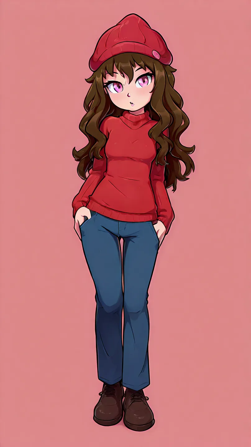 chica, Caucasian, small breasts.  thin.  pink eyes. Long wavy hair, brunette. Blue pants and red hat sweater.