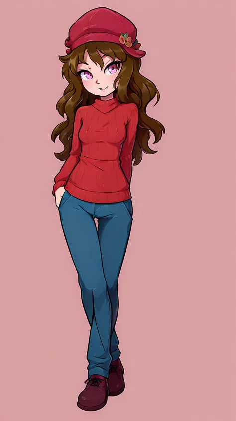 chica, Caucasian, small breasts.  thin.  pink eyes. Long wavy hair, brunette. Blue pants and red hat sweater.