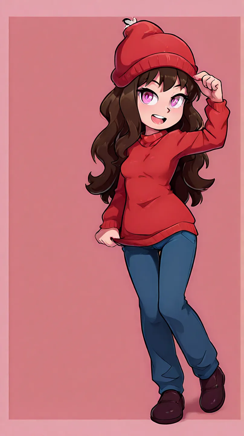 chica, Caucasian, small breasts.  thin.  pink eyes. Long wavy hair, brunette. Blue pants and red hat sweater.