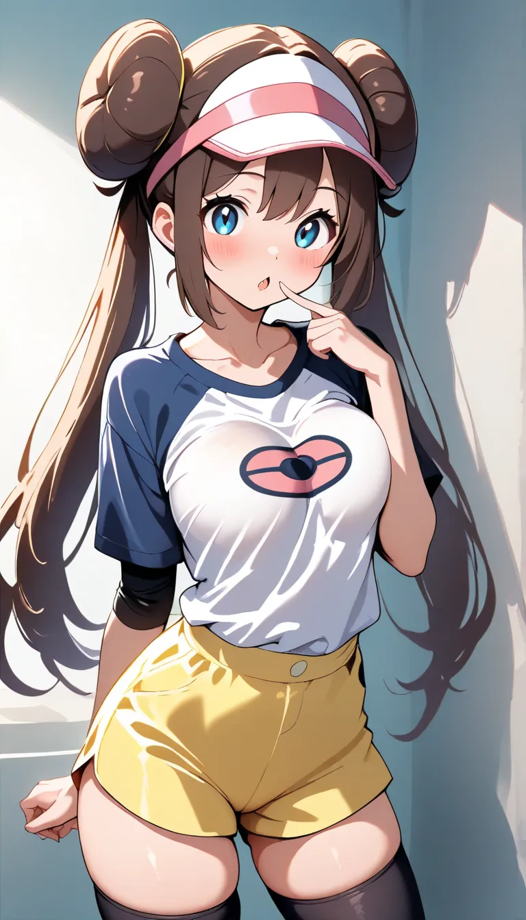 1girl, nsfw, 15yo, slender waist, oily skin, medium large breasts, breast press, tented clothes, Waist line, zettai ryouiki, rosa, pokemon, aquablue eyes, dark brown hair, long twintails with sidelocks, double bun topknot, sun visor, collarbone, elbow slee...