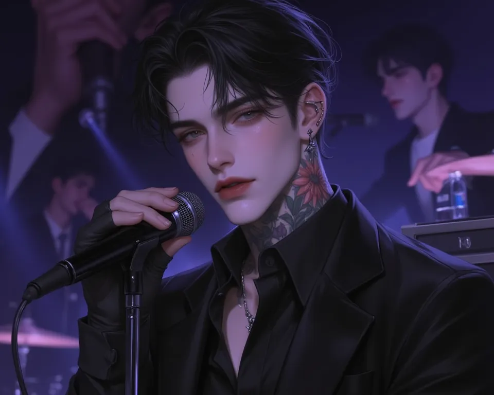 , 24 years old, male, short black hair, dark brown eyes, prominent nose, handsome face, pronounced jaw, pierced all 10 holes in the ears, large flower tattoo on the right neck, right wing of the right ear, shaped like a small musical note, tattooed on both...