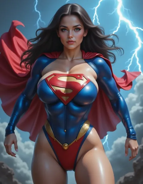 superheroine (Superwoman ), dressed in a blue Superman suit with the letter S on the chest, with a fluttering red cloak, bright red short skirt (stands out clearly, essential element stands out clearly),  yellow metal belt ,  Masterpiece , сверхдетализиров...