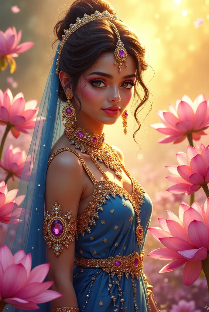 🌺 Highly detailed acrylic oil painting of a beautiful A gorgeous Indian girl wearing a luxurious blue-gold ancient Indian dress, adorned with sparkling gold and gems. Her head is crowned with purple gems. Her pretty face, arched eyebrows, and big, sharp ey...