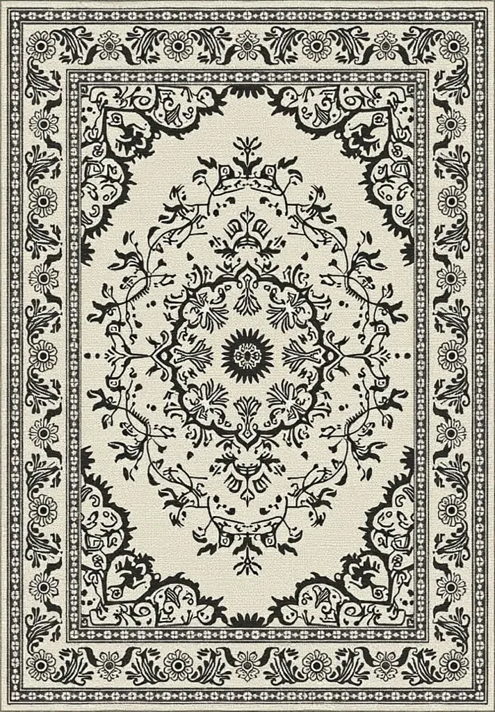 A unique Persian rug pattern, displayed in a cool color palette, featuring an intricate origami style. The pattern subtly incorporates visible horses. red