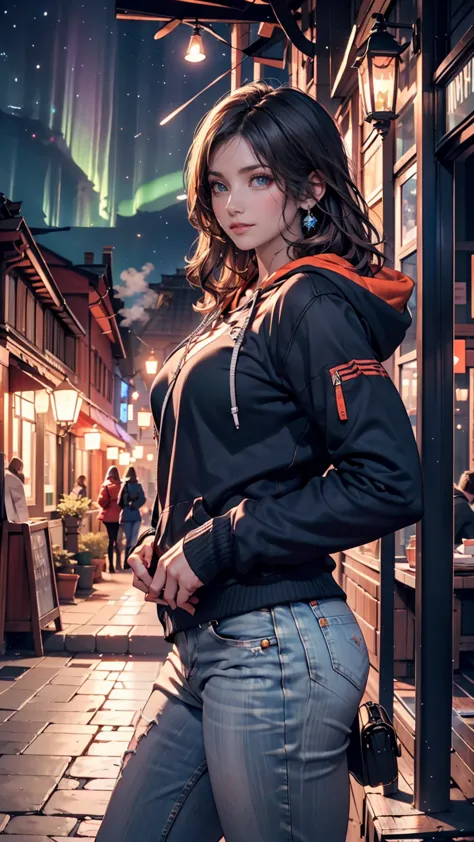 landscape, , ( background Asgard), details, Lighting, 8k, (Aurora shining in the sky),  constellation, ( background Asgard)、 24-year-old White Woman 、long eyelashes、black eyeshadow、lip gloss、 Rainbow （rainbow）Hair Color、blue eyes、foggy skin、hoodie、skinny j...