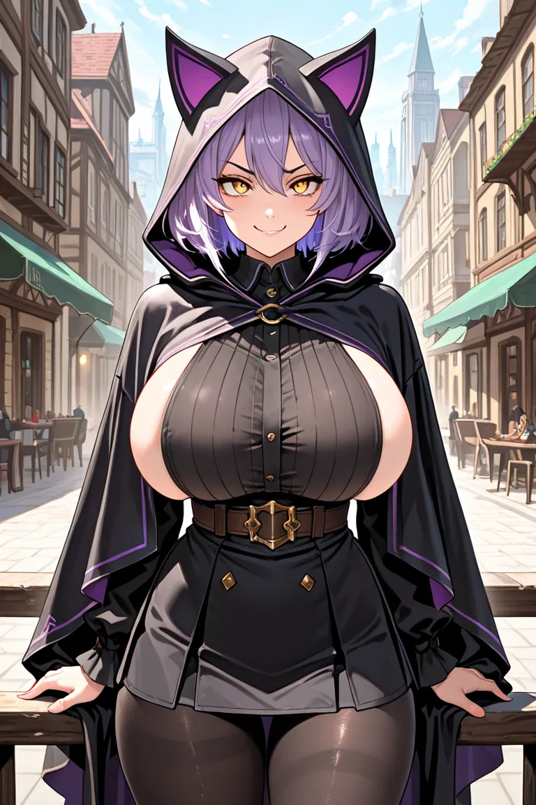 Score_9, score_8_up, masterpiece, beest quality, source_anime, 1girl, city, fantasy city, fantasy, short hair, purple hair, cat ears, yellow eyes, cat pupils, fair skin, sarcastic smile, huge breasts, rogue, black cloak, hoodie, black blouse, boob window, ...