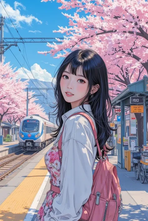 masterpiece, best quality, photorealistic, 1girl, stunning innocent symmetry face, white shirt, emotional, big breasts, (PureErosFace_V1:0.7), The train station platform with Cherry Blossom Trees in beautiful spring, the train coming in, a flower-patterned...