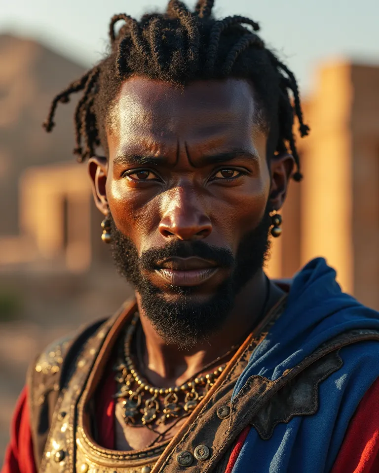 A close-up portrait of a stoic and determined ancient African warrior from the 4th century BCE, set in the highlands of Eritrea and Ethiopia. His deep brown skin is weathered yet strong, marked with faint scars that hint at past battles. His intense eyes, ...